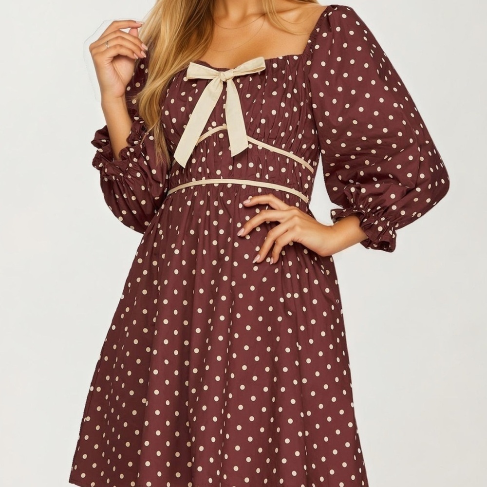 Polka Dot Puff Sleeve Bow Mini Dress NWT - Picture 1 of 8